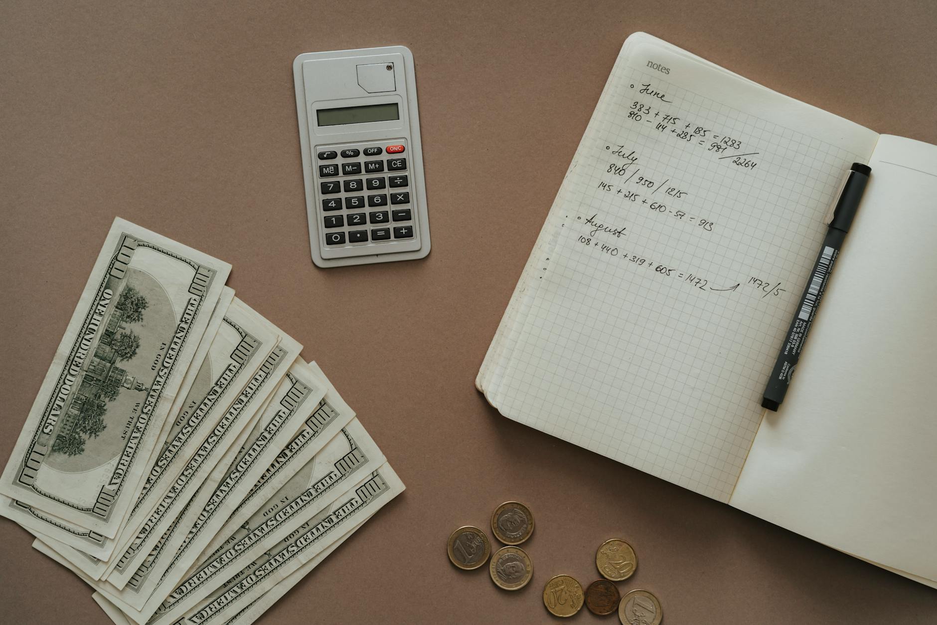 Kalkulator, notes i banknoty na biurku przy planowaniu budżetu szkoleń ADR
