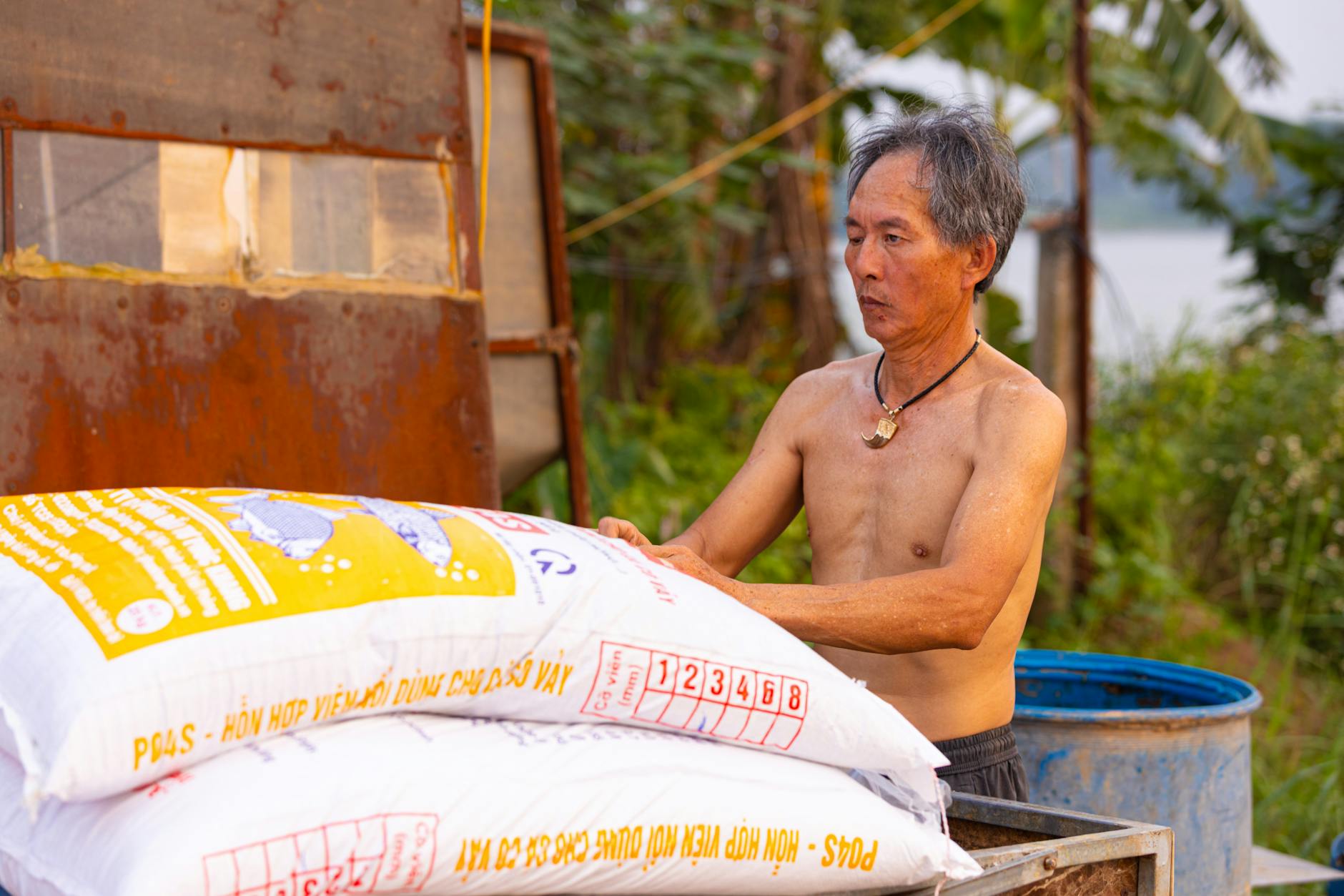 Rolnik bez koszuli przenosi worki paszy obok zardzewiałej ciężarówki